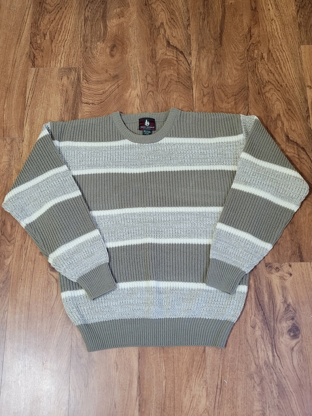 Vintage High Sierra Men’s Olive & Cream Striped Crewneck Grandpa Sweater